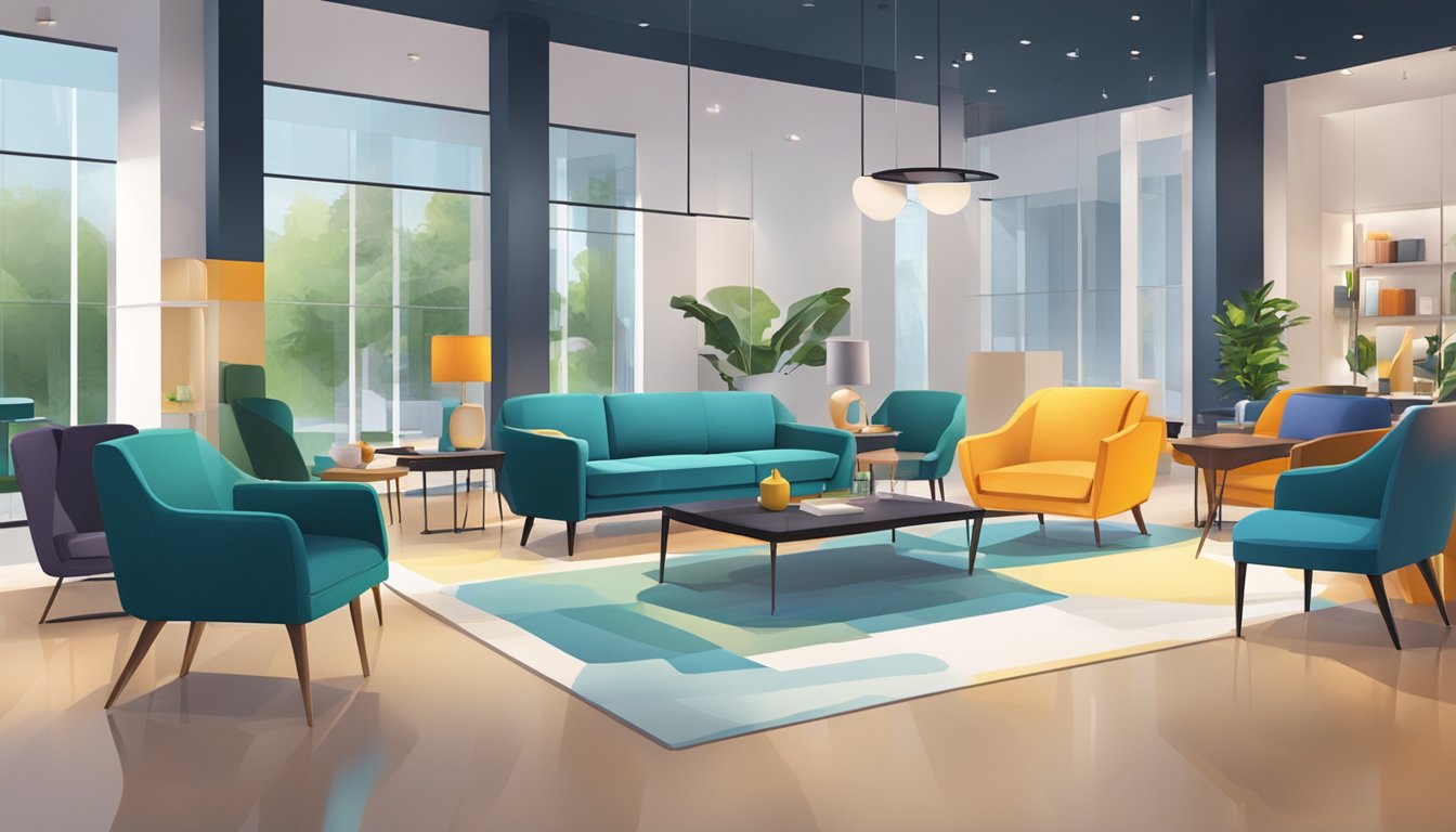 A modern furniture showroom with sleek designs and vibrant colors. Customers browsing and staff assisting. Displays of sofas, tables, and decor