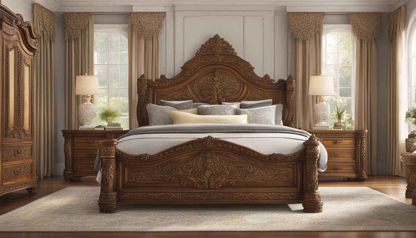 A grand, ornate king-sized bed frame exudes luxury with its intricate carvings, rich wood finish, and regal presence