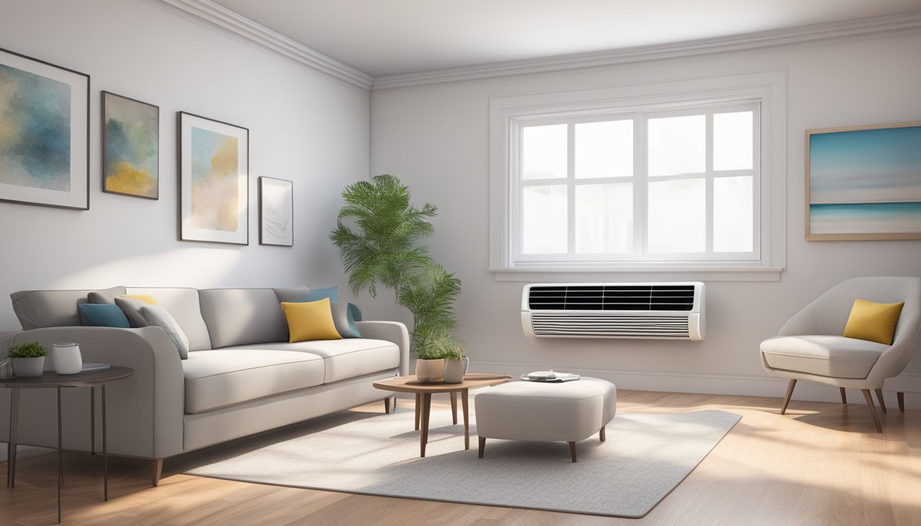 A BTU aircon unit sits against a white wall, with a digital display and vents visible. The room is cool and comfortable, with furniture and decor in the background
