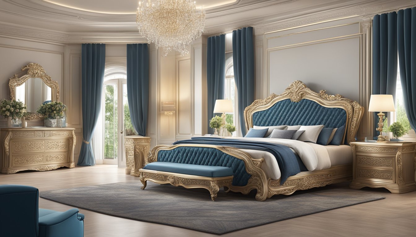 A lavish king-size bed frame stands tall, adorned with intricate carvings and elegant details, exuding an aura of luxury and opulence