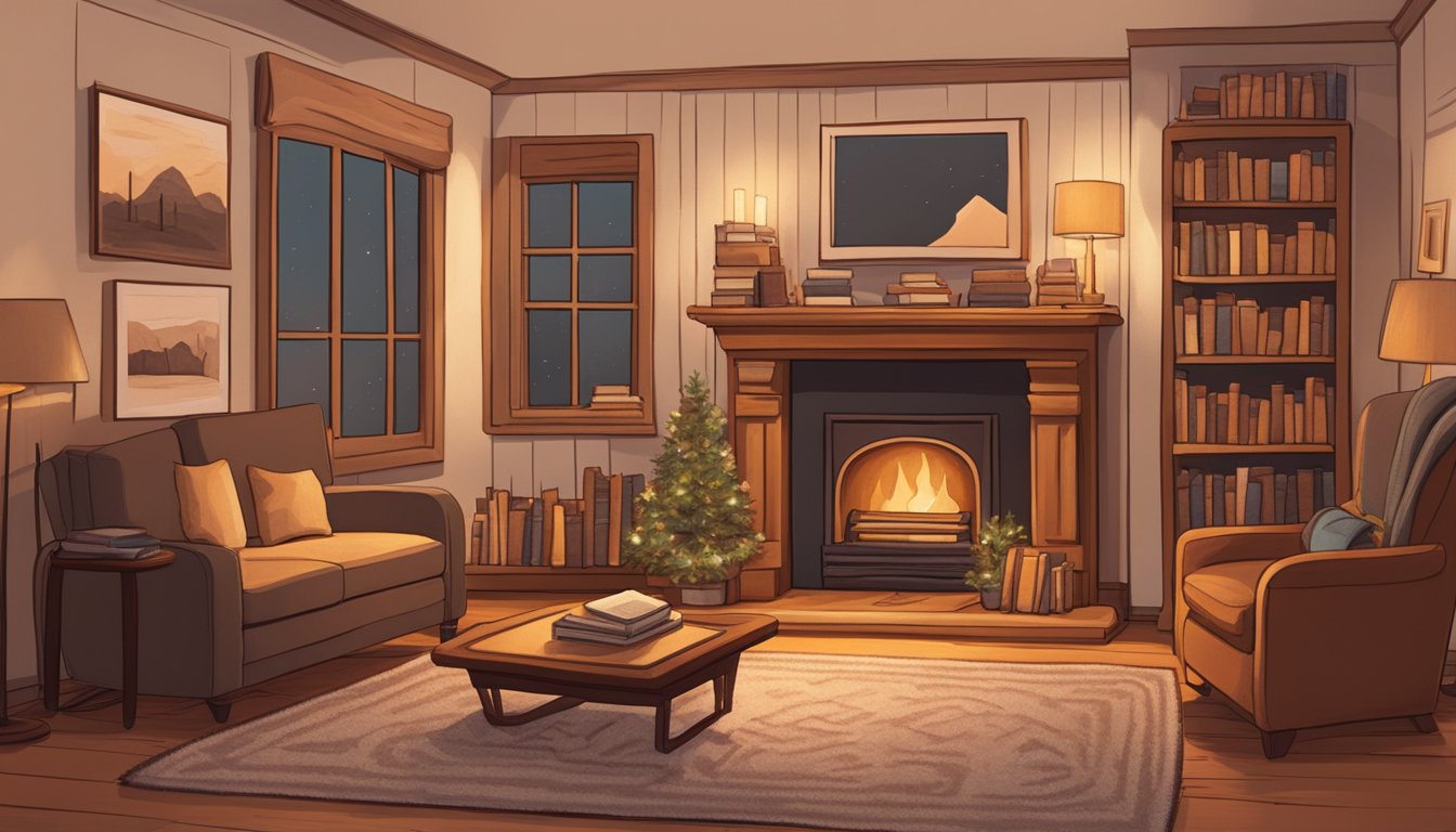A warm, dimly lit room with soft, plush textures, a crackling fireplace, and warm earthy tones. Books and blankets are scattered around, creating a cozy and inviting atmosphere