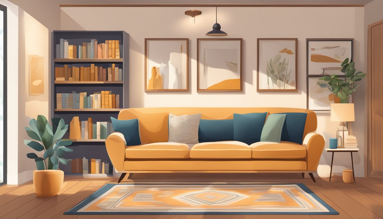 A warm, inviting living room with a comfy sofa, soft throw blankets, and a bookshelf filled with books and decorative items. A cozy rug and warm lighting complete the inviting space