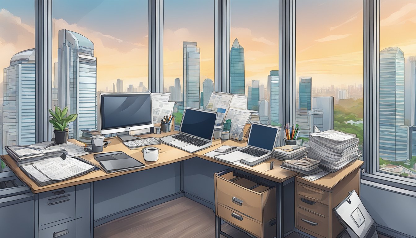 A cluttered office desk in Singapore with a laptop, papers, pens, and a city skyline view through the window