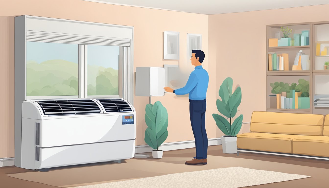 A person selects and installs an air conditioner, measuring the space and choosing the appropriate BTU unit