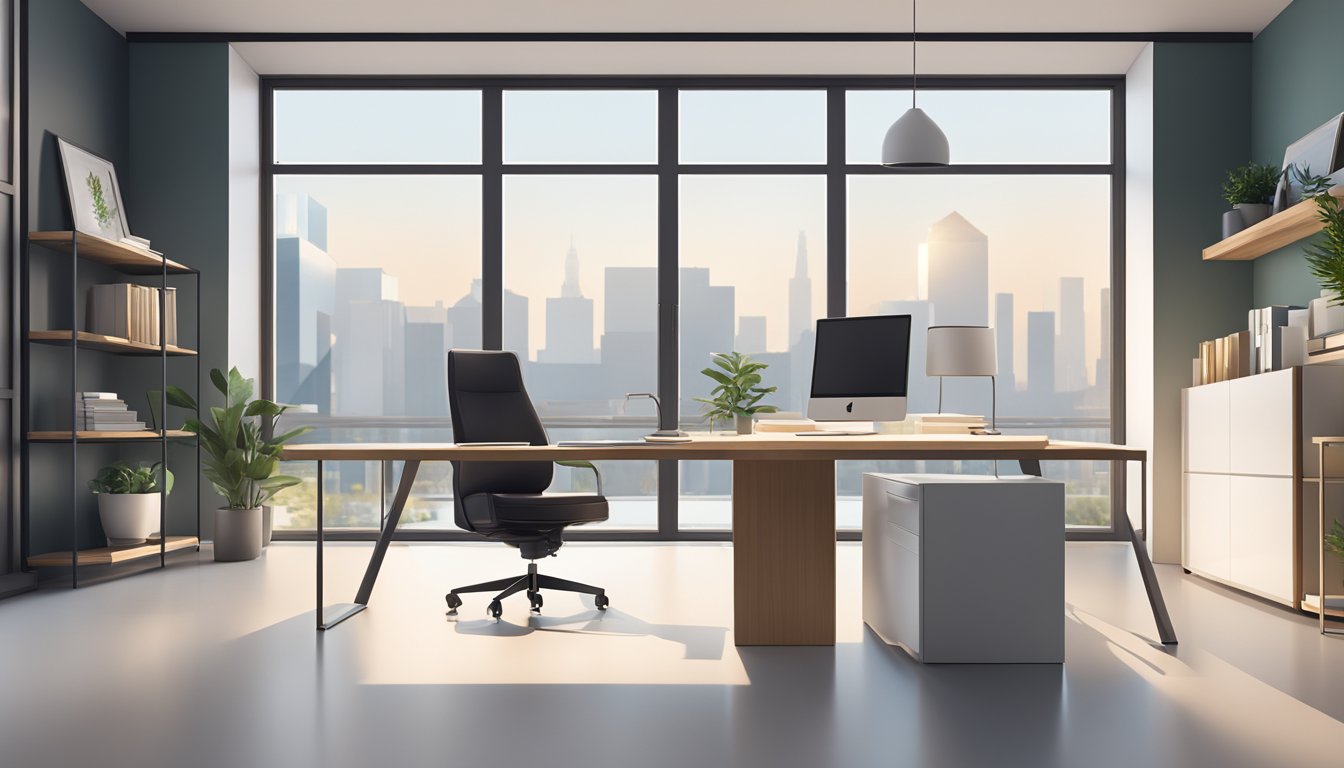 A sleek, modern office desk sits against a backdrop of large windows, with a minimalist design and ample storage space