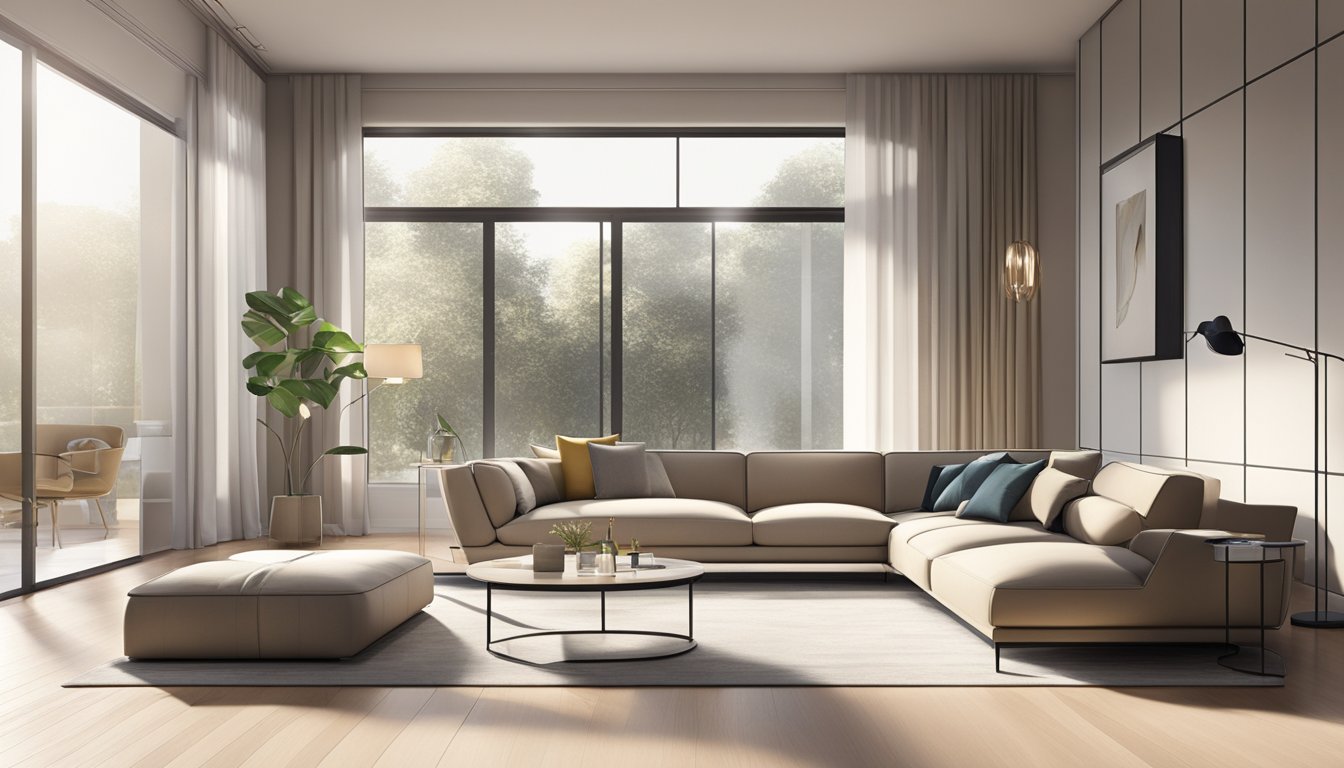 A sleek, minimalist living room with contemporary furniture arranged in a clean, open space. Light streams in through large windows, highlighting the elegant lines and neutral tones of the modern pieces