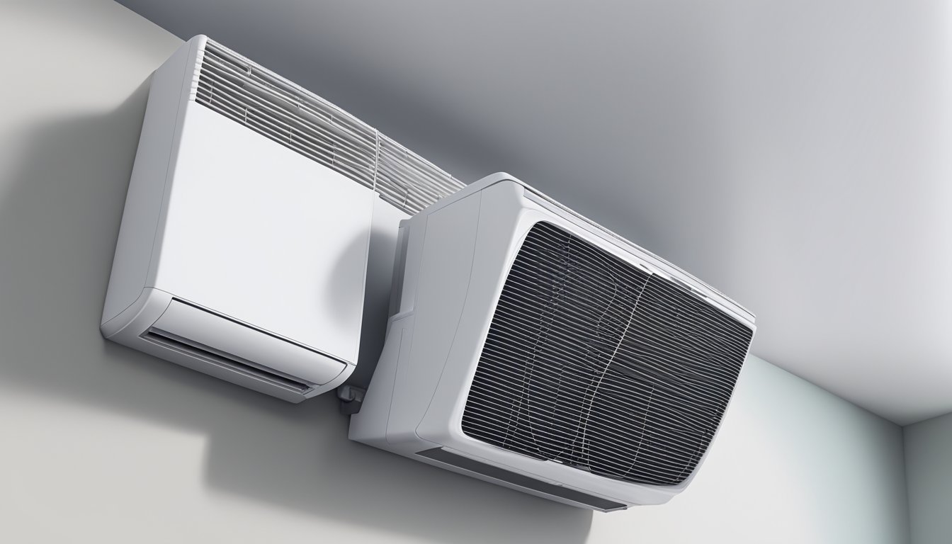A split type aircon unit mounted high on a wall, with cool air flowing out from its vents