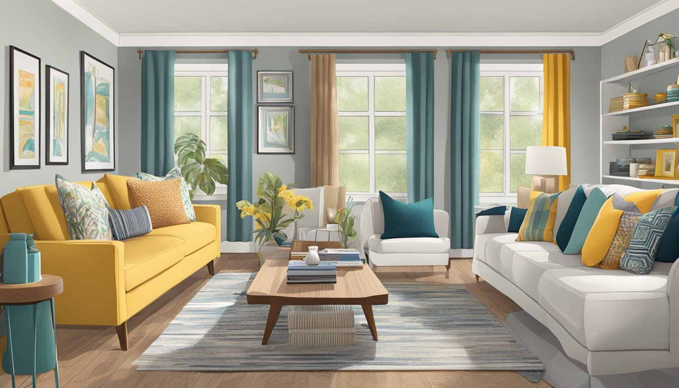 A cozy living room with affordable furniture, bright colors, and clever storage solutions. A mix of patterns and textures add visual interest