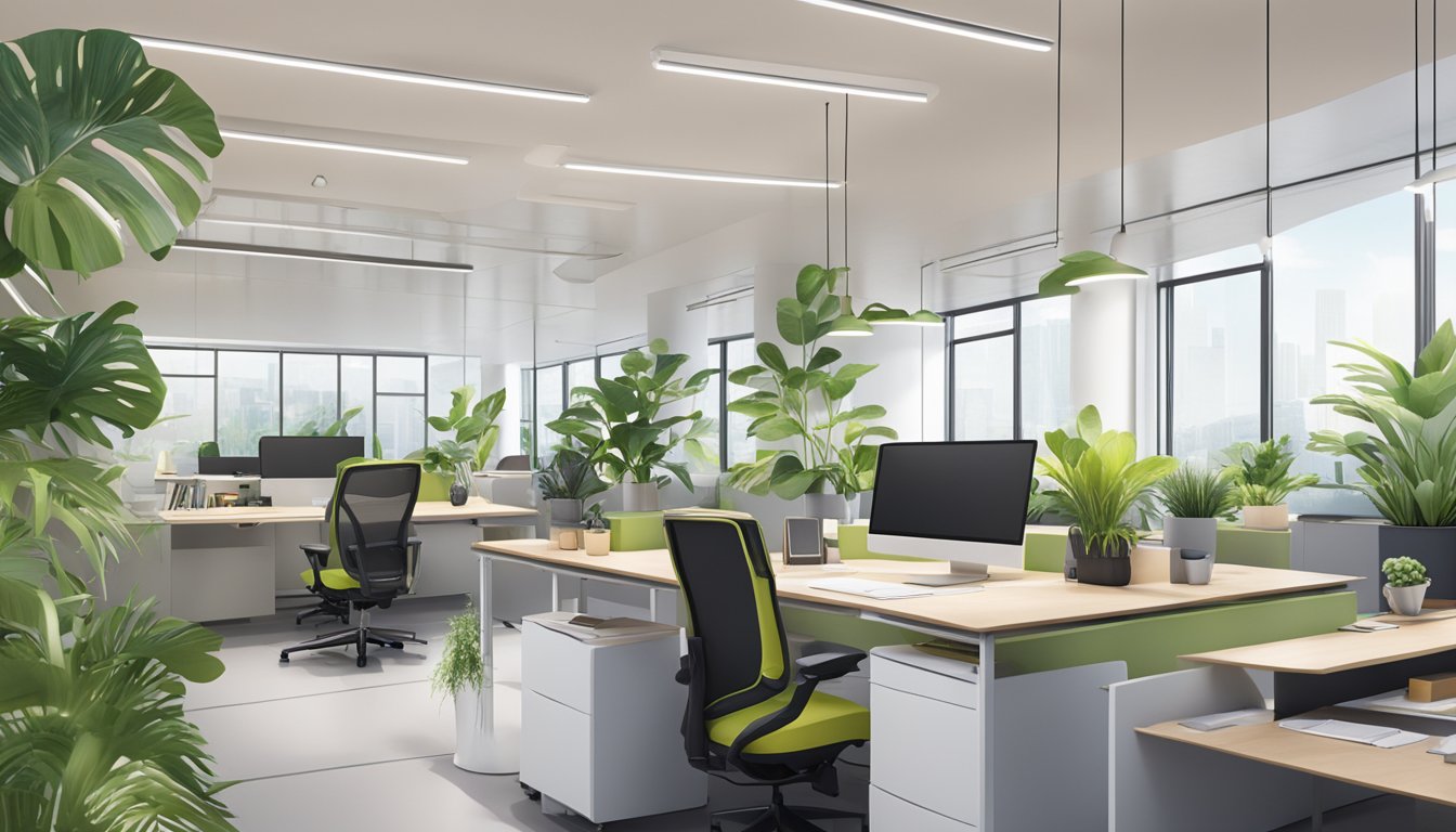 A bright, modern office space in Singapore with sleek desks, ergonomic chairs, and vibrant plants. The walls are freshly painted, and the space is filled with natural light