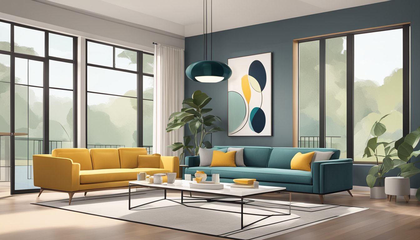 A sleek, minimalist living room with clean lines and geometric shapes. A mid-century modern sofa, a glass coffee table, and a statement lighting fixture