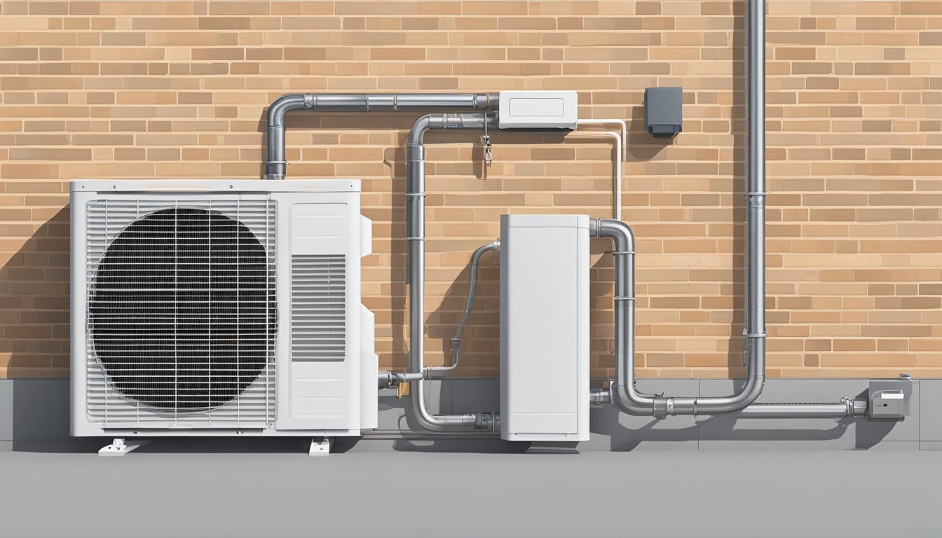 A split type aircon unit mounted on a wall with indoor and outdoor components connected by refrigerant pipes