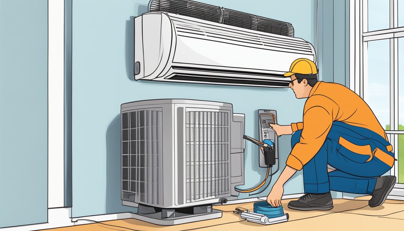 A technician installs a split type aircon unit on a wall bracket and performs maintenance checks on the filters and cooling system