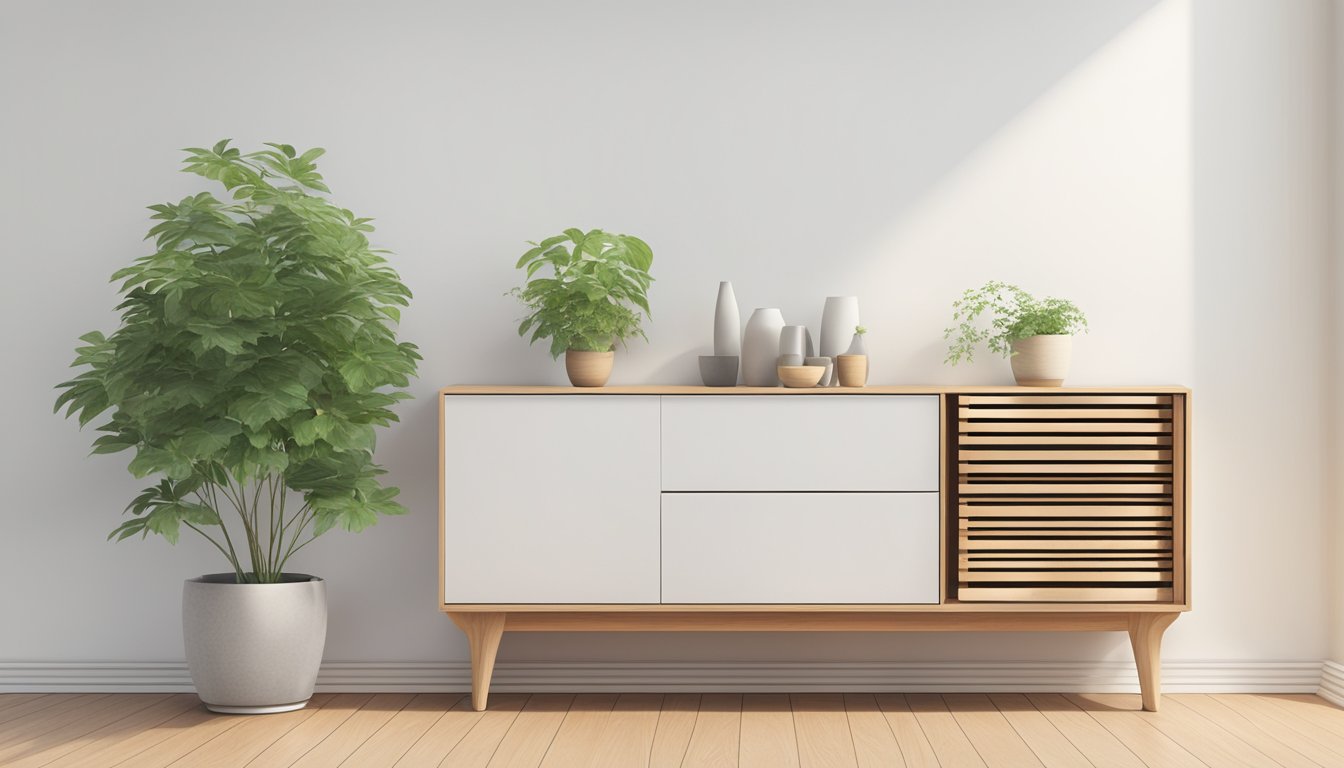 A wooden seat cabinet against a white wall with a potted plant on top