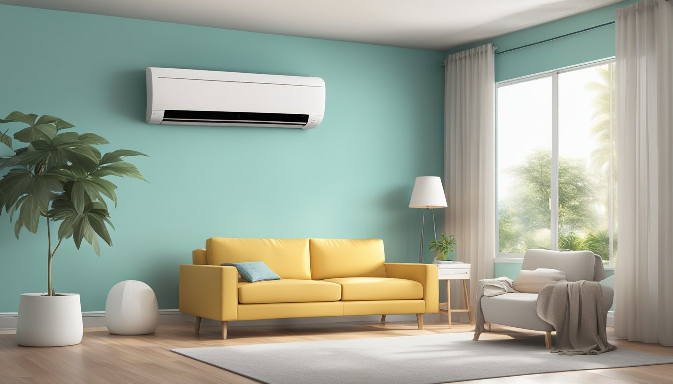 A split-type aircon unit mounted on a wall with a remote control nearby, surrounded by a clean and modern room setting