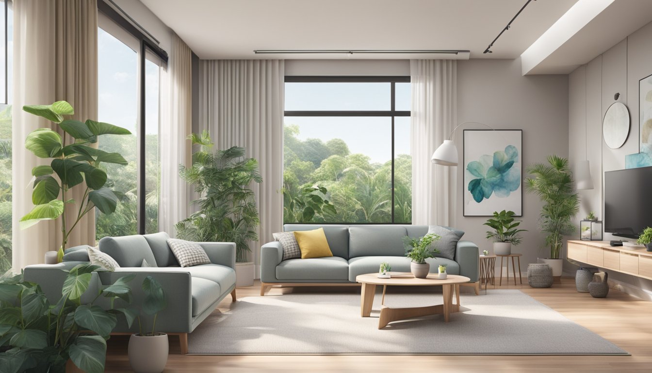A modern living room in Singapore with an LG air conditioner installed, surrounded by sleek furniture and plants, with natural light streaming in through the windows
