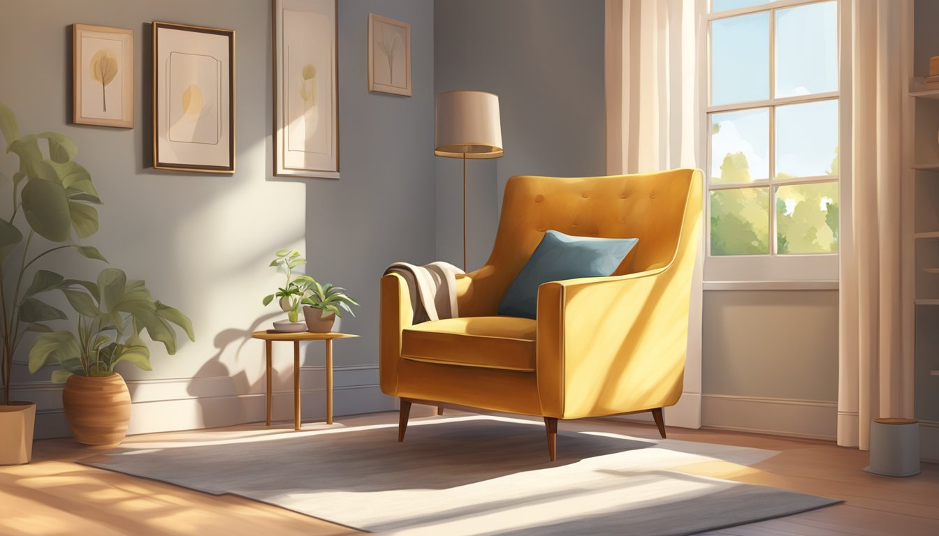 A single sofa chair sits in a cozy corner, bathed in warm sunlight from a nearby window