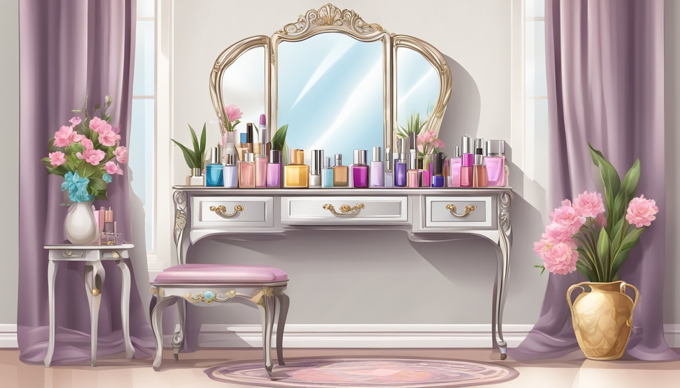 A standing dressing table with a large mirror, adorned with various cosmetics, jewelry, and a vase of flowers