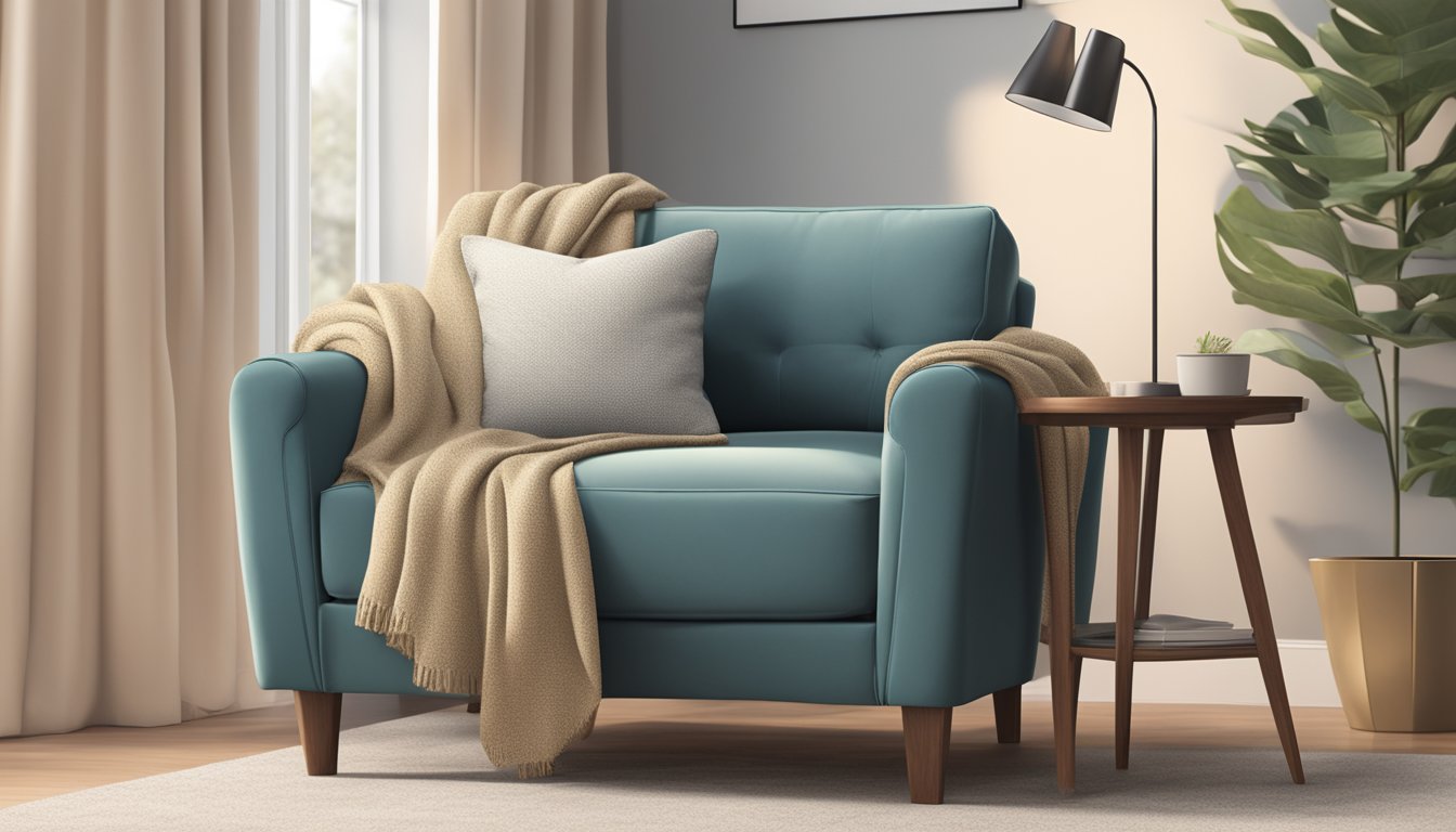 A cozy single sofa chair, with soft cushions and a sturdy frame, positioned in a well-lit room with a side table and a warm throw blanket draped over the armrest