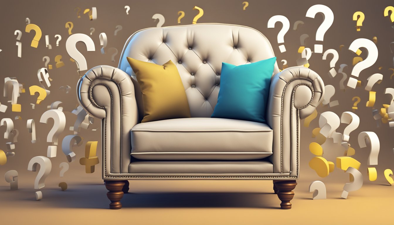 A single sofa chair surrounded by question marks, symbolizing frequently asked questions