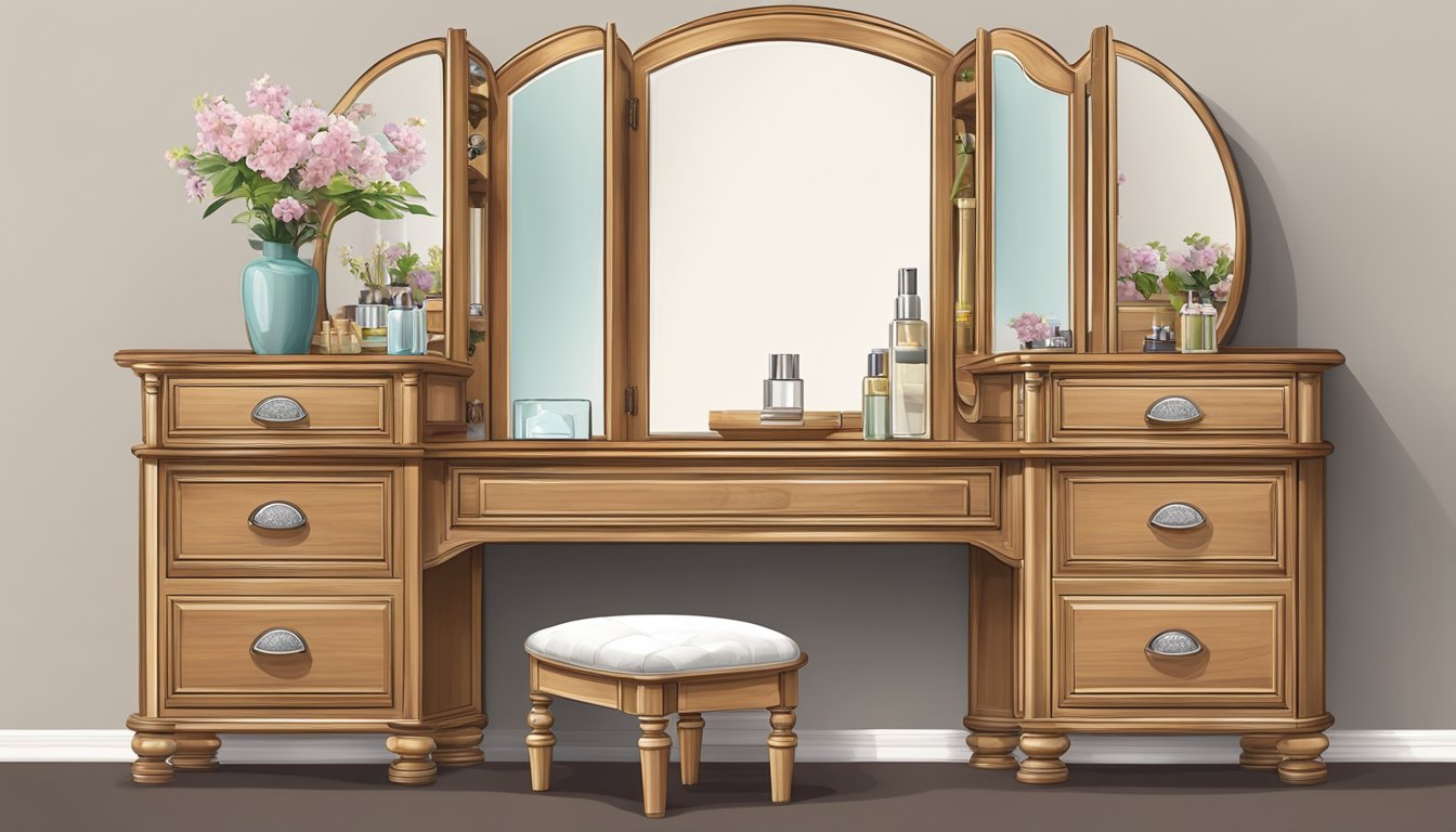 A wooden dressing table with a large, oval mirror, multiple drawers, and a decorative stool