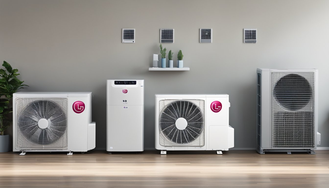 Various LG aircon models displayed side by side, with a technician servicing one unit. Comparison chart and customer reviews visible nearby