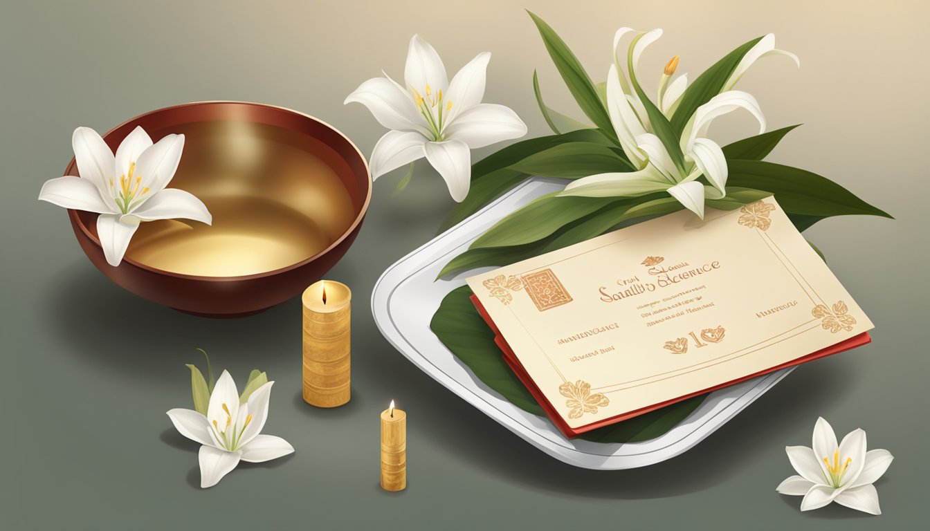 A table with a traditional red and gold envelope containing condolence money, alongside a small dish of sandalwood incense and a white lily flower