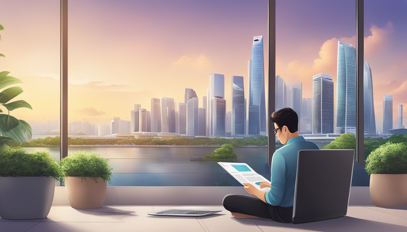 A customer reading a brochure on LG air conditioners, surrounded by a stack of reviews and a laptop showing the Singapore skyline in the background