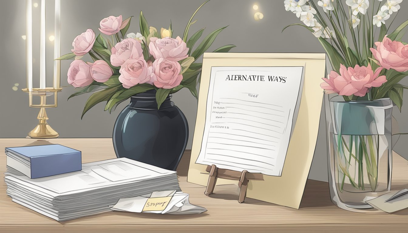A table with envelopes and monetary gifts, a condolence card, and a sign indicating "Alternative Ways to Offer Support" at a funeral in Singapore