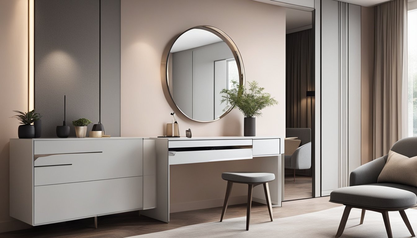 A sleek, modern dressing table seamlessly blends into the room, with its clean lines and minimalist design. It is positioned against a wall, with a large mirror above it, reflecting the surrounding space