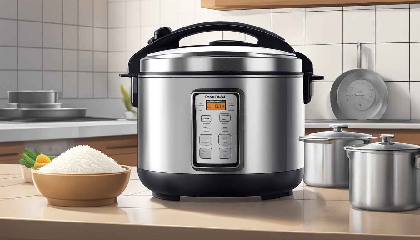 A stainless steel rice cooker sits on a clean kitchen counter, steam rising from its vent as it cooks the perfect batch of rice