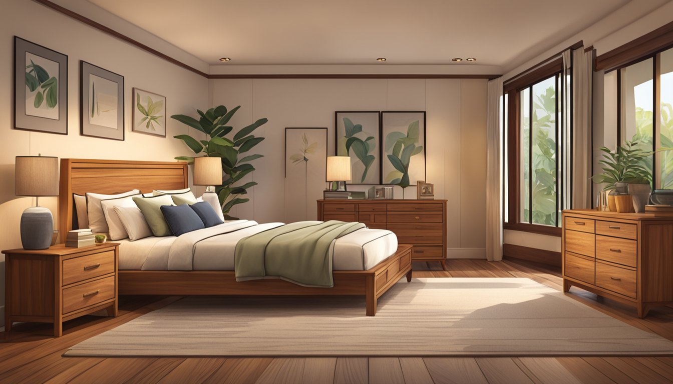 A cozy bedroom with teak furniture, including a bed, dresser, and nightstands. The warm wood tones create a serene and inviting atmosphere