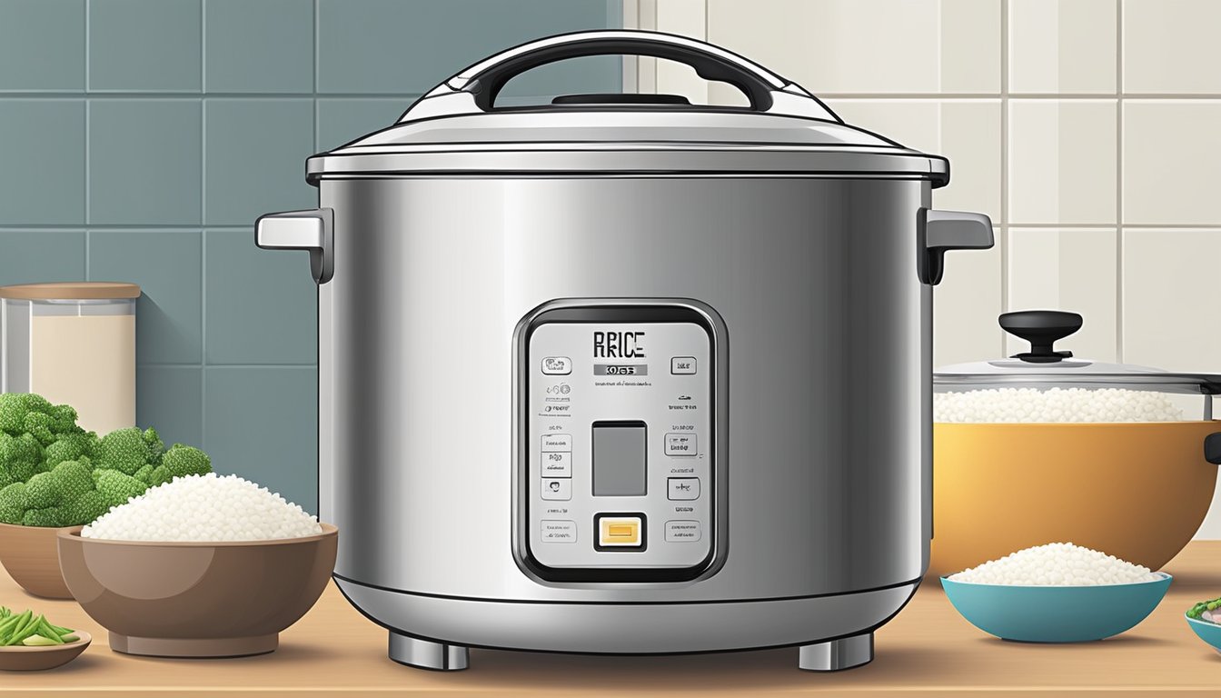A stainless steel rice cooker sits on a sleek countertop, emitting steam as fluffy rice fills the air. Its modern design and durable material promise long-lasting use