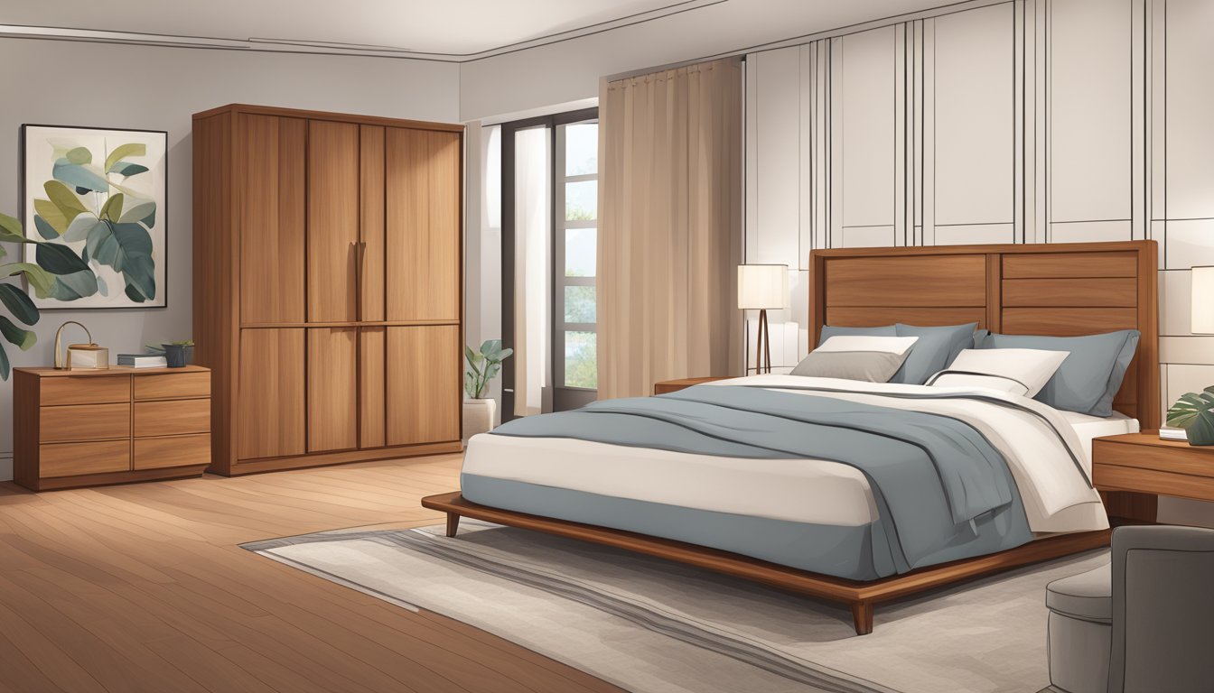 A well-lit bedroom with teak furniture: bed, nightstand, dresser, and wardrobe. Clean lines, warm wood tones, and minimalistic design
