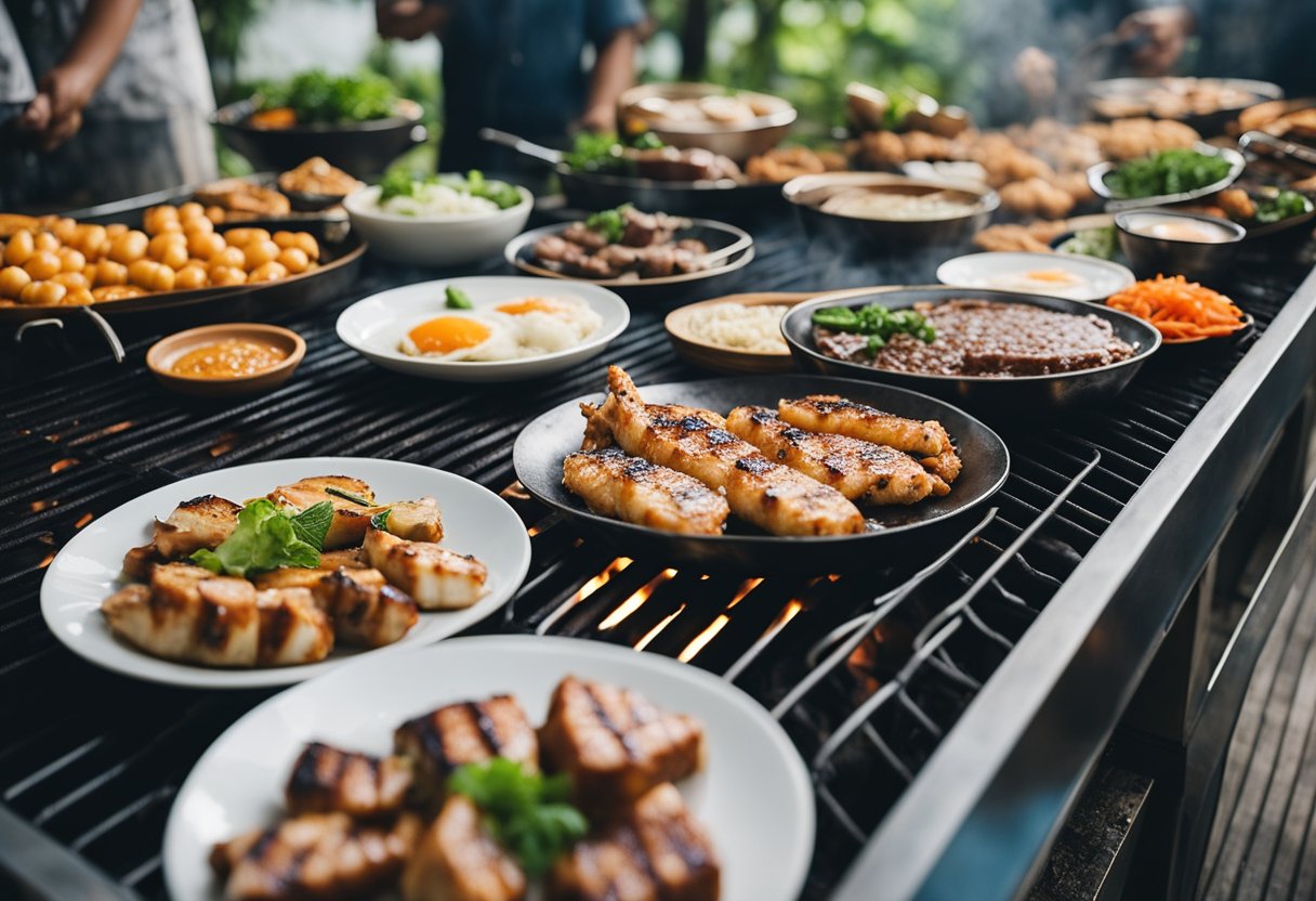 Asian grilling scene: Various grilling methods and popular dishes. Cultural significance of grilling in Asian societies