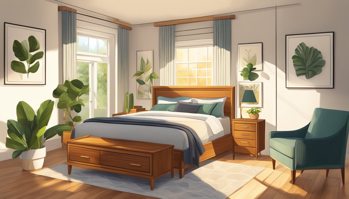 A bedroom with teak furniture: a bed, nightstands, and a dresser. Sunlight streams through the window, casting warm, golden hues on the rich wood. A small potted plant adds a touch of greenery
