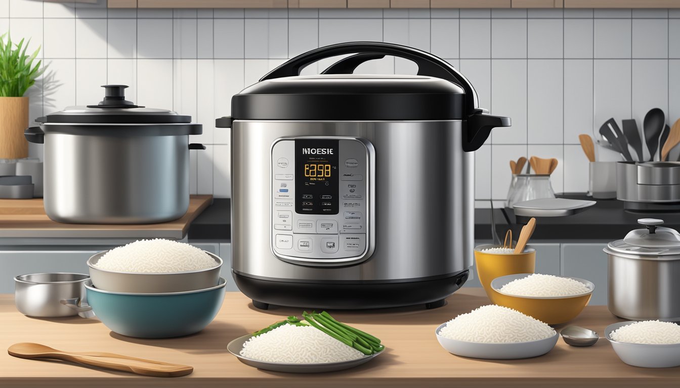 A stainless steel rice cooker sits on a clean, modern kitchen counter, surrounded by bags of rice and cooking utensils