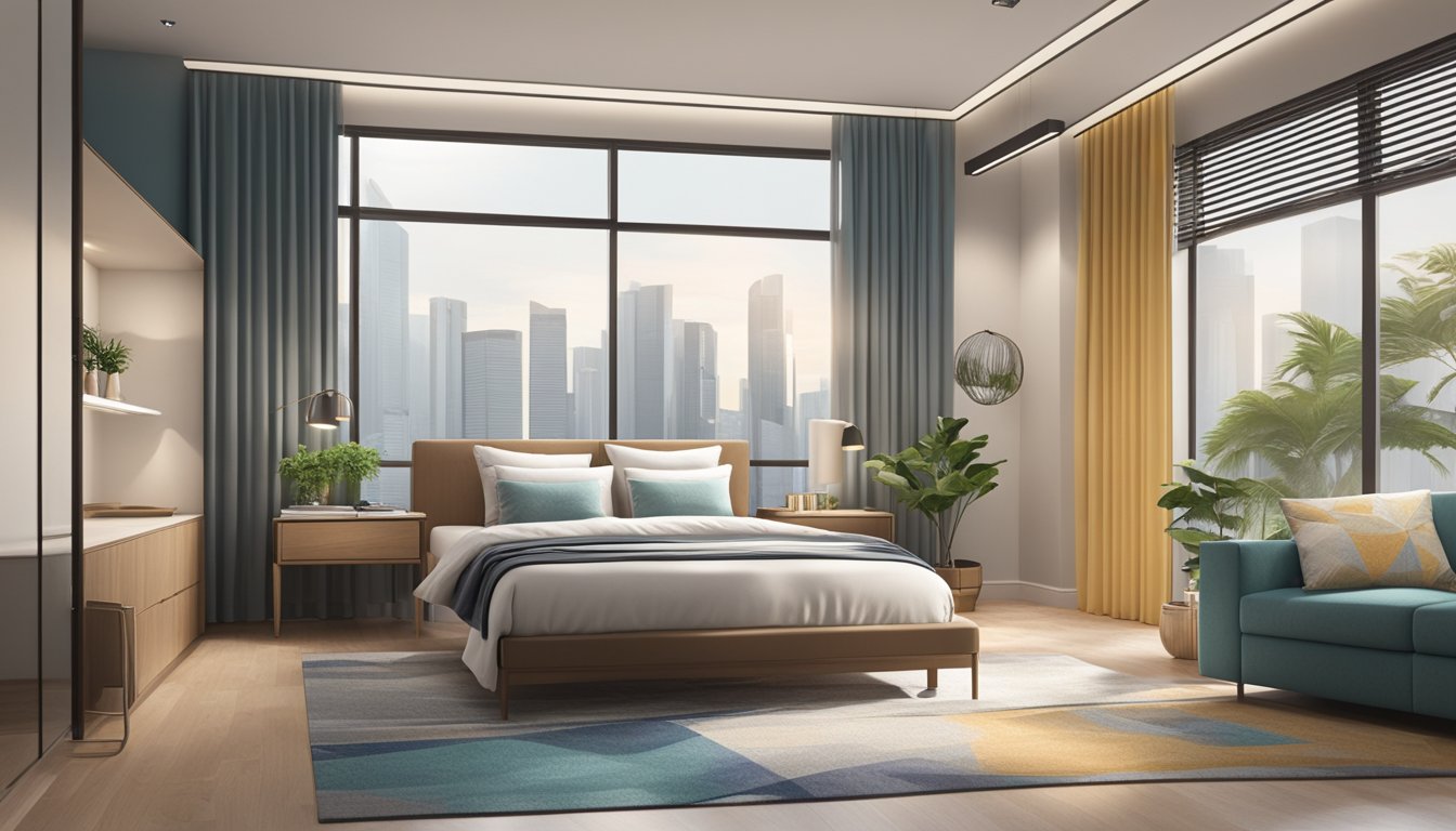 A spacious bedroom with a super single bed measuring 107cm x 190cm, set against a backdrop of a modern Singaporean interior