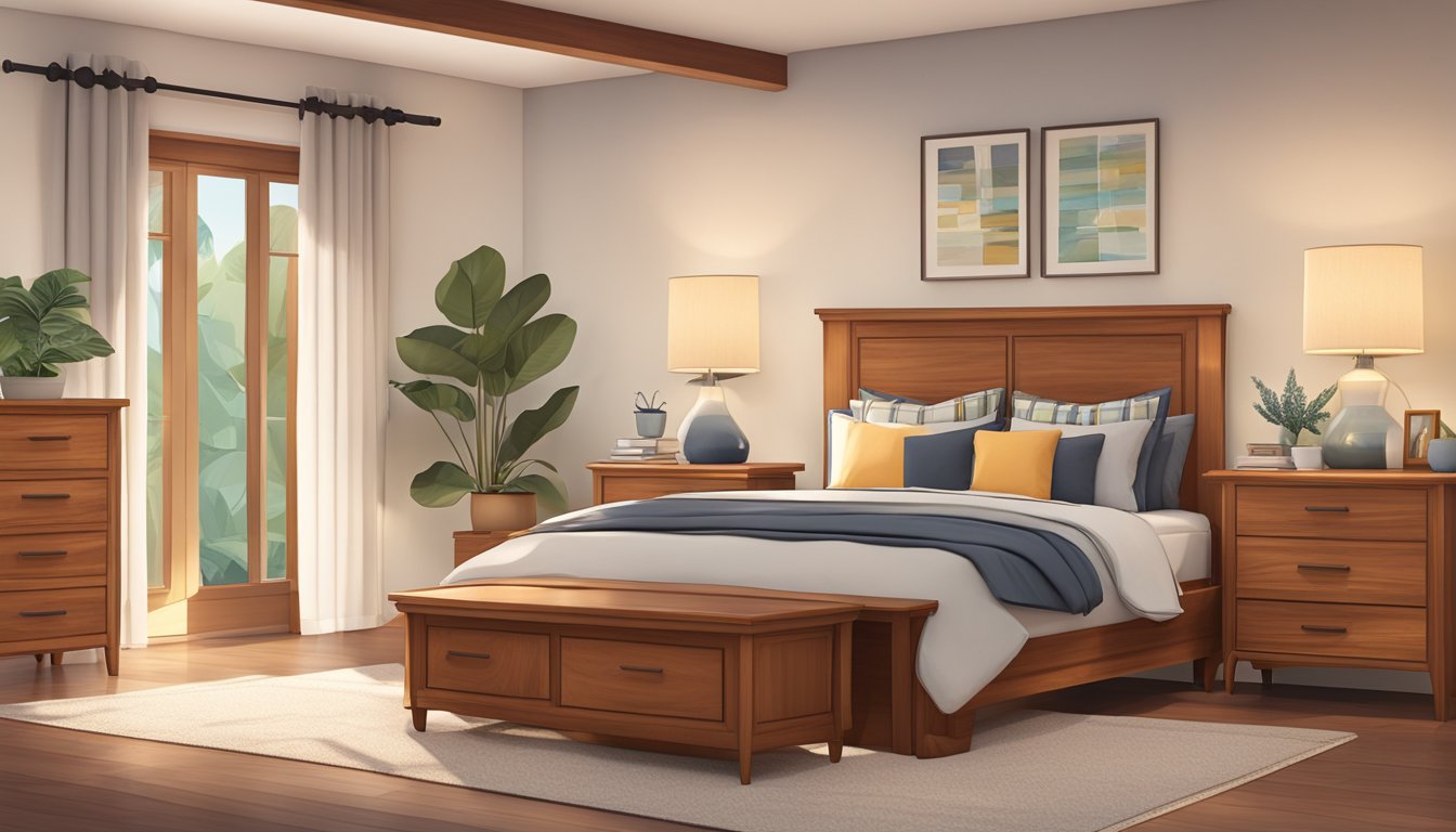 A cozy bedroom with teak furniture, including a bed, dresser, and nightstand. Soft lighting and warm colors create a welcoming atmosphere