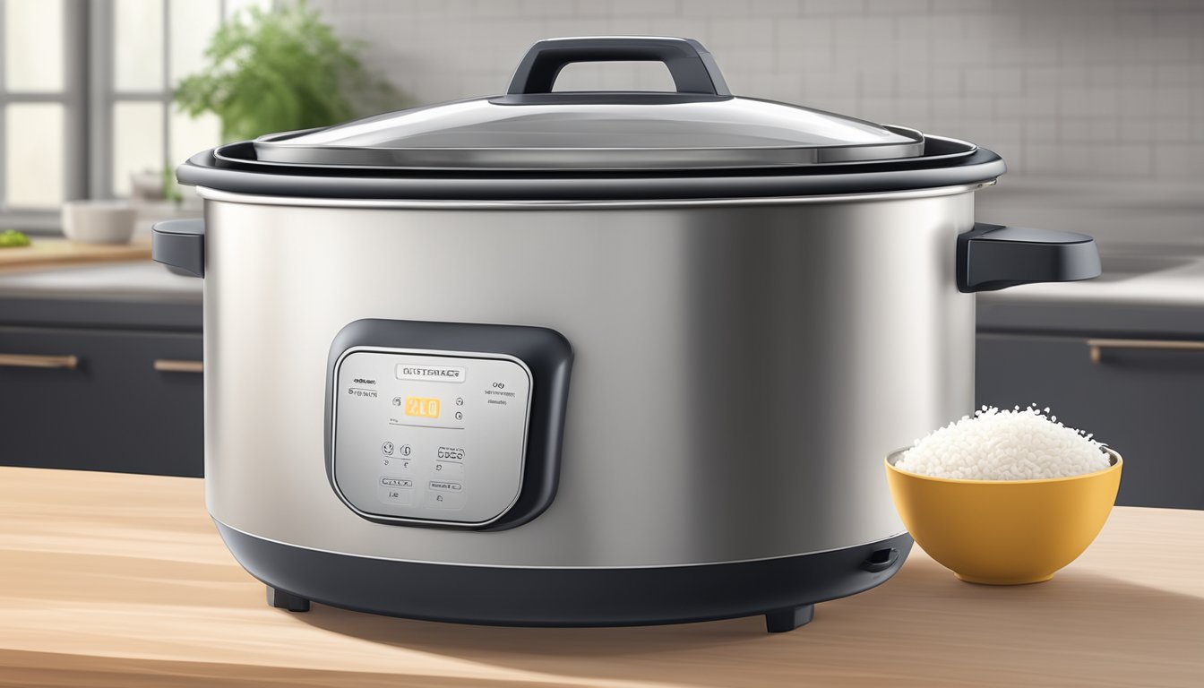 A stainless steel rice cooker sits on a clean, modern kitchen counter, steam rising from the lid as fluffy rice cooks inside