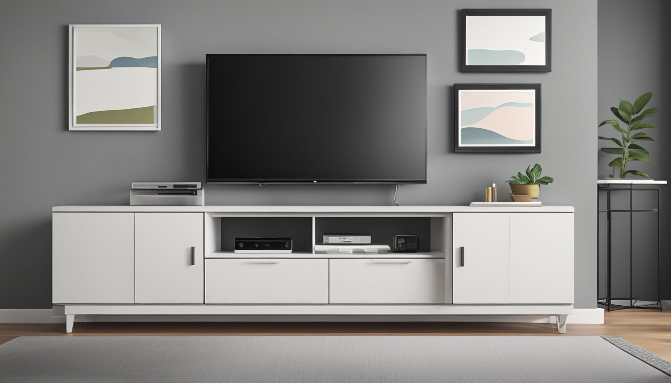 A white TV console sits against a gray wall, with a flat-screen TV mounted above it. The console has clean lines and minimalistic design, with a few decorative items displayed on top