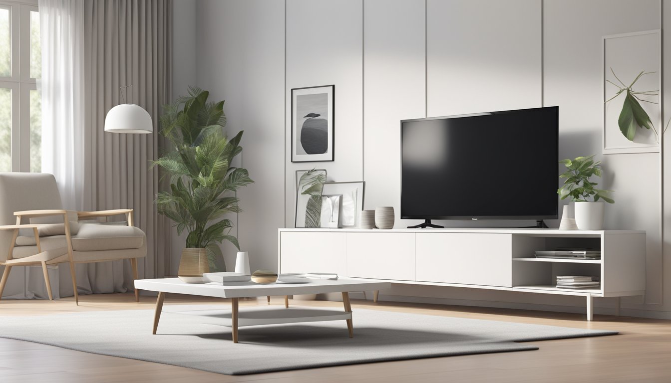 A modern living room with a sleek white TV console, minimalist design, clean lines, and a spacious surface for a television and decorative items