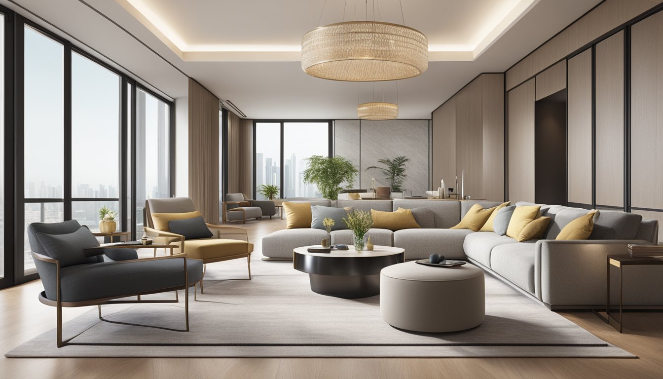 A luxurious ottoman stool in a modern Singapore living room, surrounded by sleek furniture and bathed in natural light