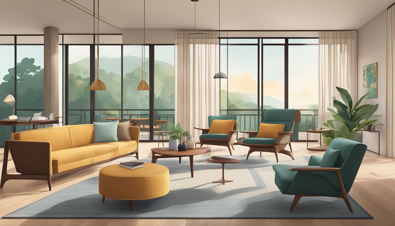 A sleek mid century modern living room in Singapore, featuring clean lines, organic shapes, and iconic furniture pieces
