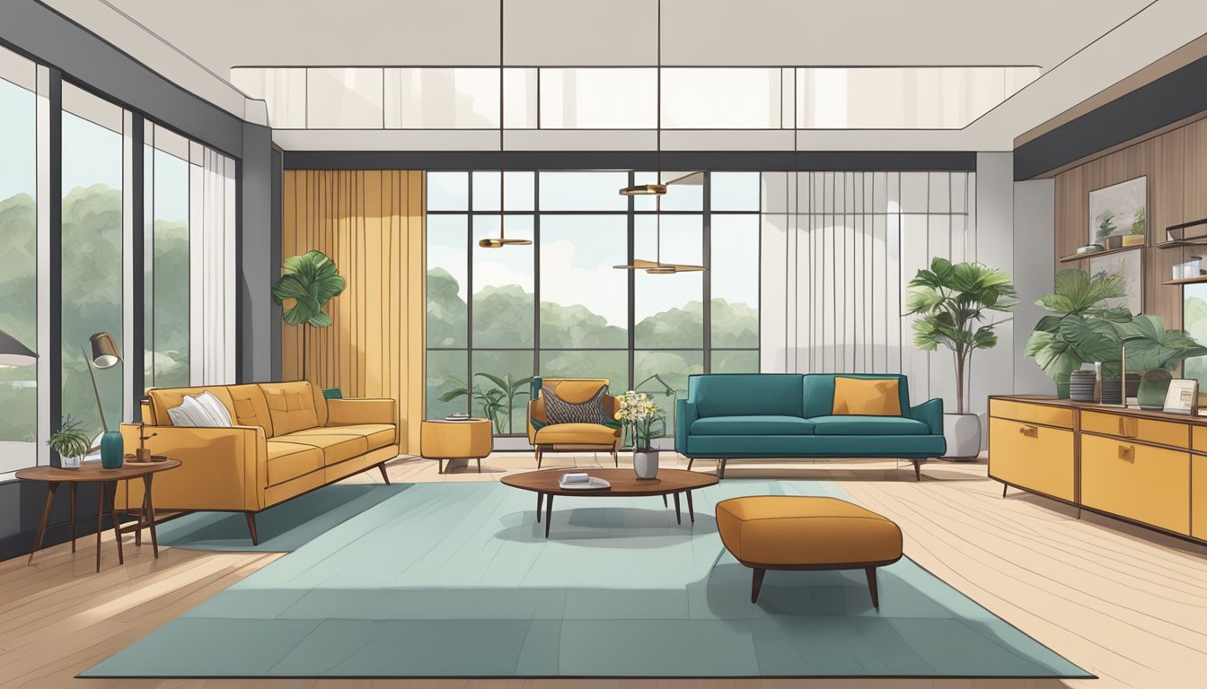 An airy showroom displays sleek mid-century modern furniture in Singapore. Clean lines, organic shapes, and vibrant colors define the iconic design style