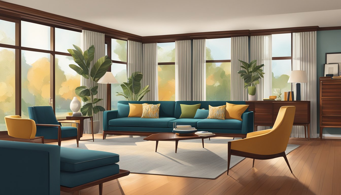 A room filled with sleek, clean-lined furniture in rich wood tones and bold colors, evoking the timeless elegance of mid-century modern design