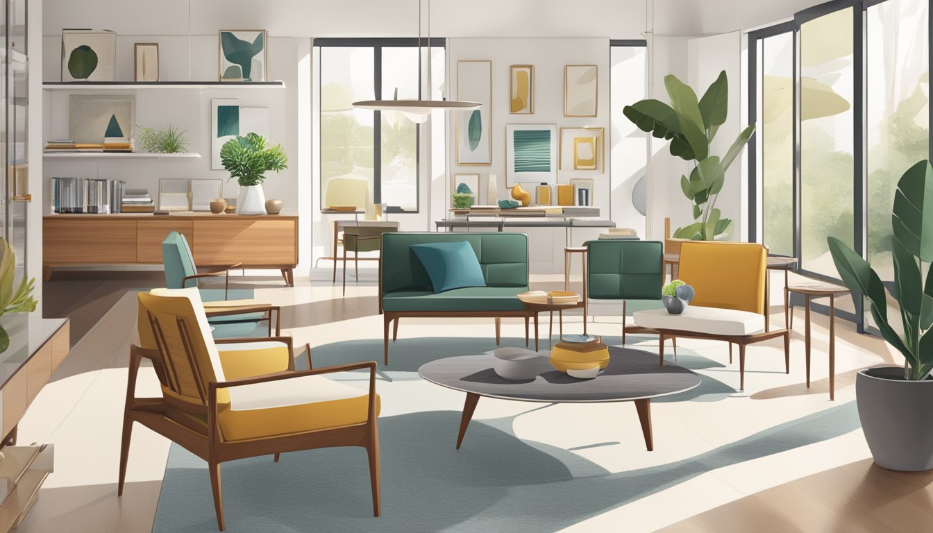 A bright, airy showroom with sleek, minimalist mid-century modern furniture displayed in an organized and inviting manner