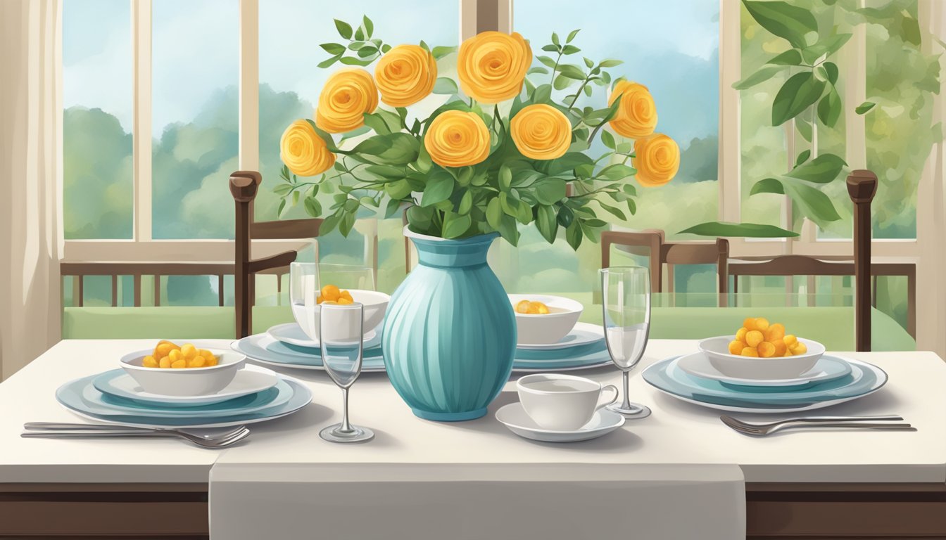 A small dining table set with two chairs, a vase of flowers, and a neatly arranged place setting