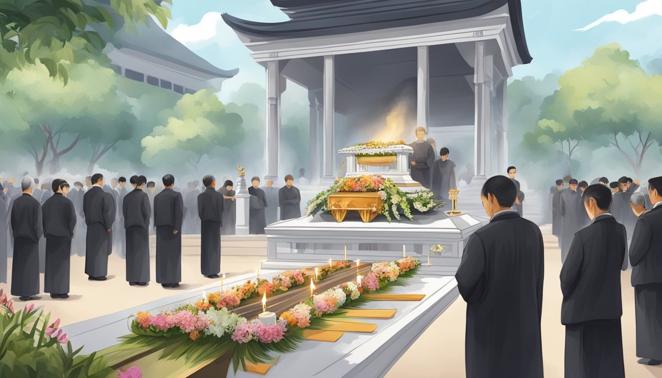 A funeral scene in Singapore with traditional funeral decorations, incense burning, and mourners paying their respects