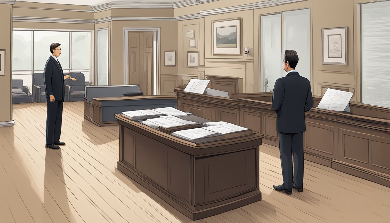 A funeral director stands at a desk, explaining costs to a family. A price list and brochures are displayed on the desk. The room is quiet and somber