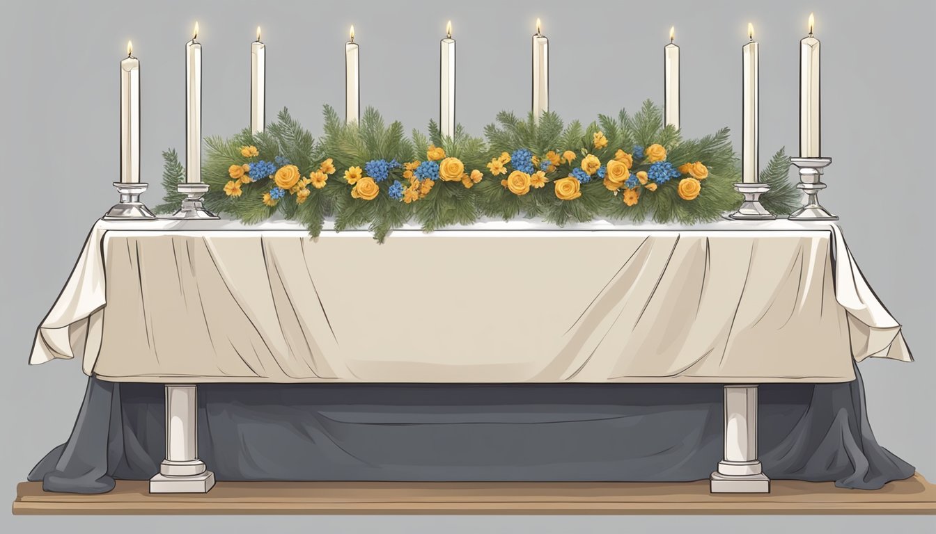 A somber funeral setting with wreaths, candles, and a memorial table. Decorated with symbolic items and ceremonial elements
